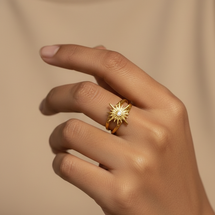 Nova Starburst Double Band Ring in Gold | Celestial Sunburst Statement Ring – SILVROSE