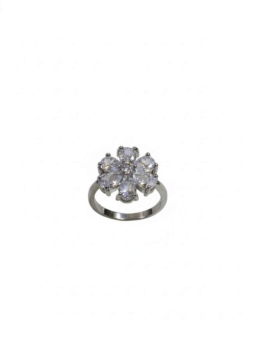 SILVROSE Crystal Bloom Flower Ring – Silver Clear Floral Statement Ring