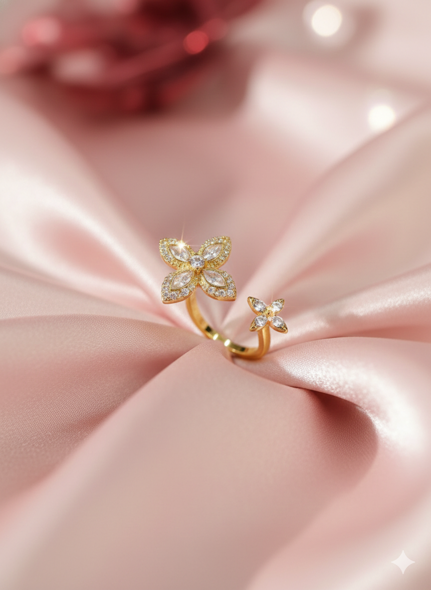 SILVROSE 18K Gold Plated Clover Blossom Adjustable Ring – Marquise CZ Open Cuff Ring