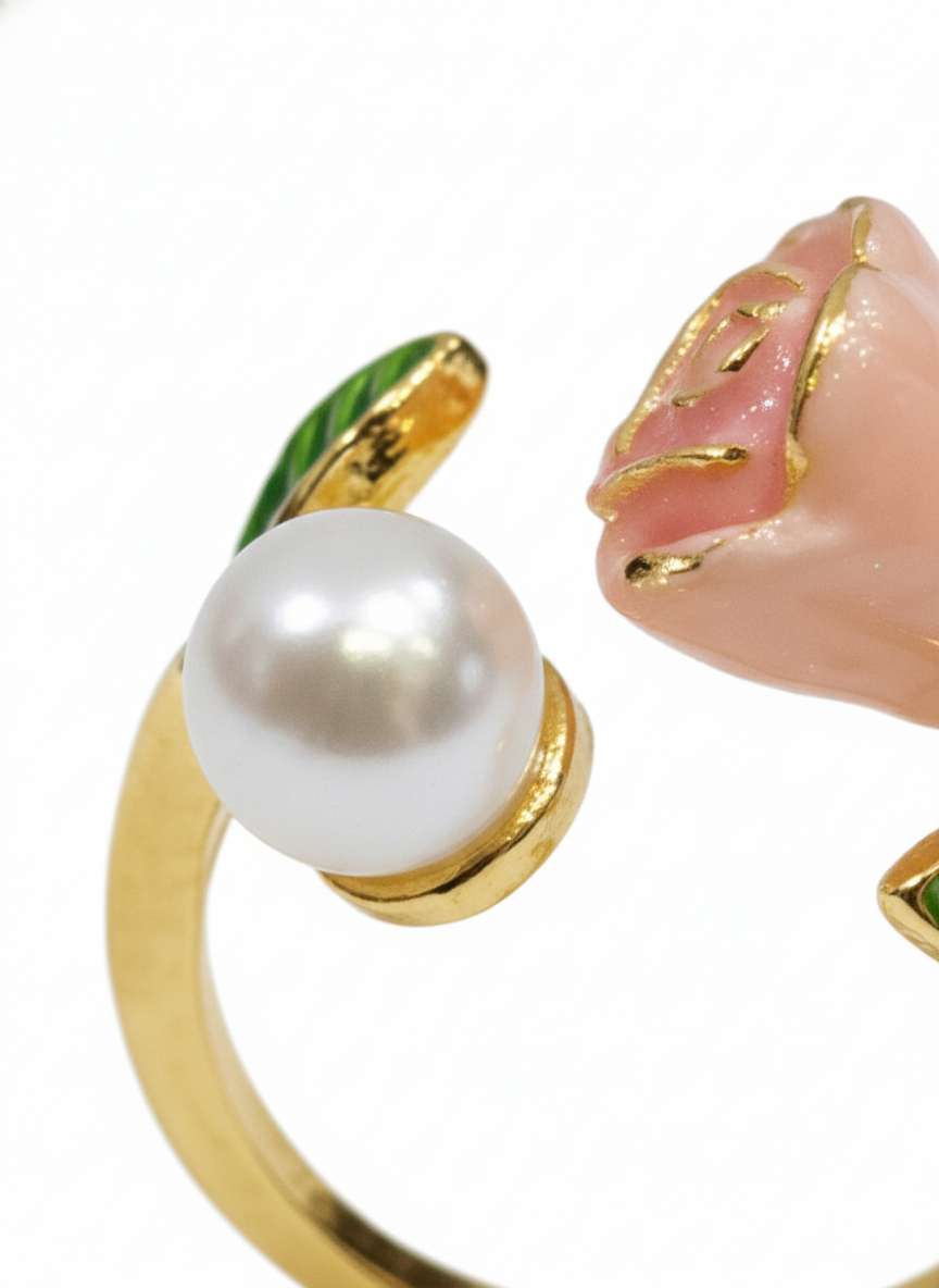 Pearl Rose Adjustable Ring for Women – Floral Gold Ring | SILVROSE
