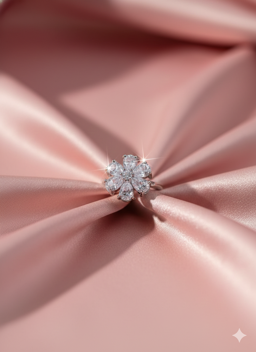 SILVROSE Crystal Bloom Flower Ring – Silver Clear Floral Statement Ring