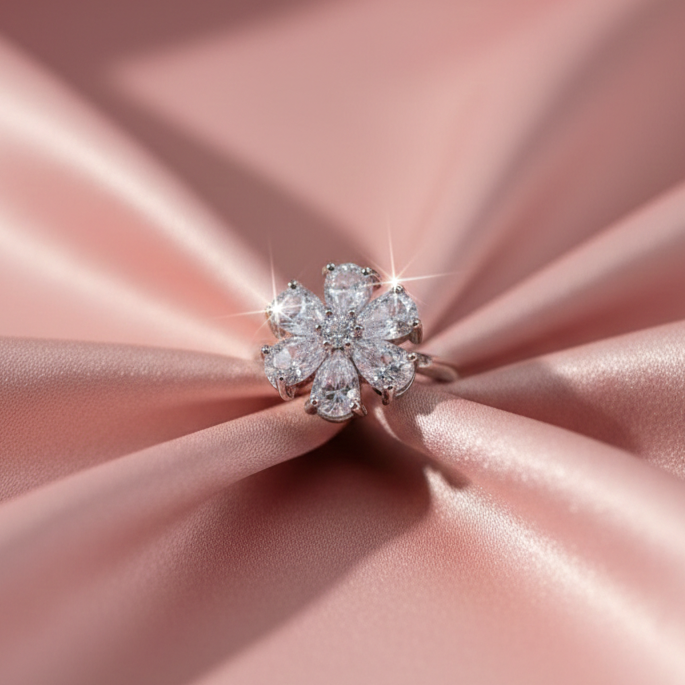 SILVROSE Crystal Bloom Flower Ring – Silver Clear Floral Statement Ring