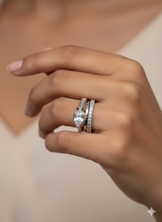 Silver Teardrop Statement Ring - Layered Beaded Pavé Band | SILVROSE