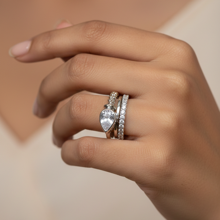 Silver Teardrop Statement Ring - Layered Beaded Pavé Band | SILVROSE