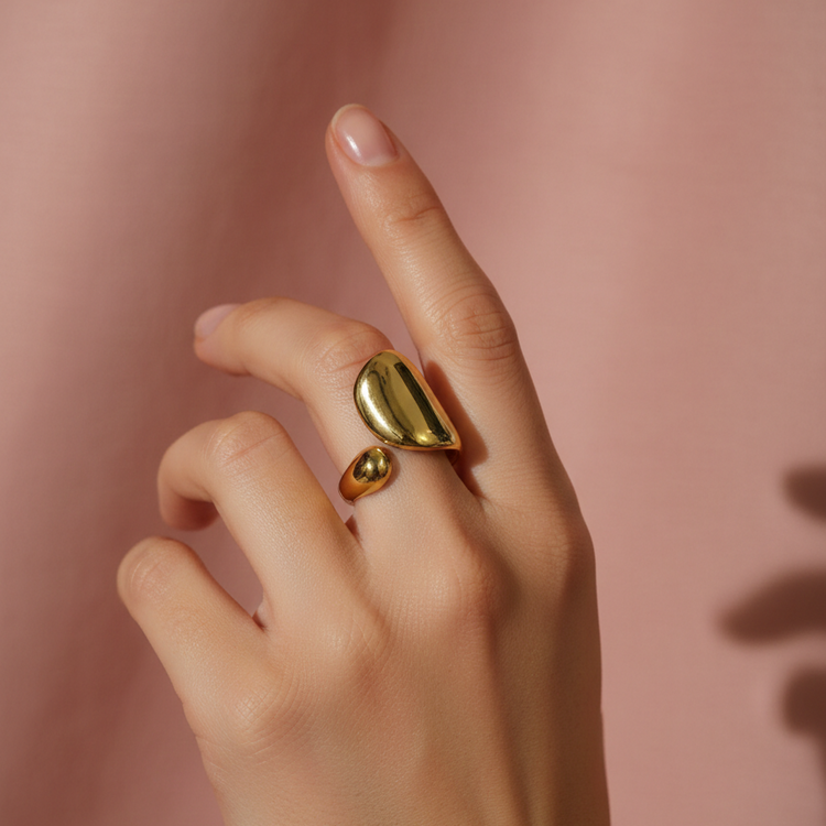 Gold Sculptural Bypass Ring - Liquid Molten Metal Statement Band | SILVROSE