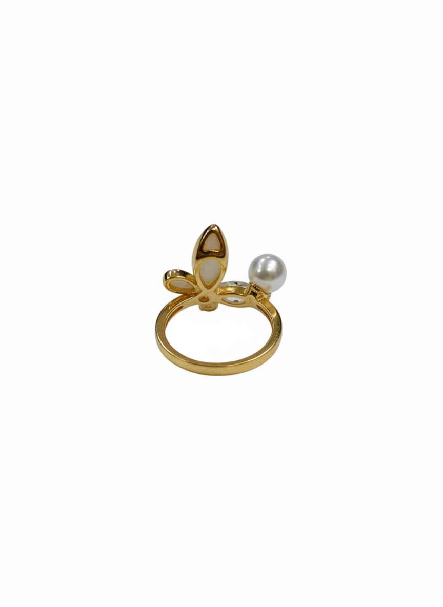 Gold Butterfly Pearl Ring - Mother of Pearl & Crystal Band | SILVROSE
