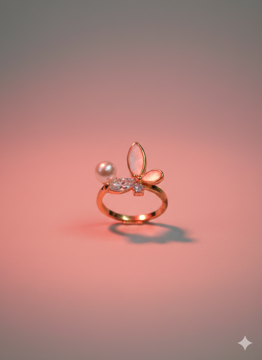 Gold Butterfly Pearl Ring - Mother of Pearl & Crystal Band | SILVROSE