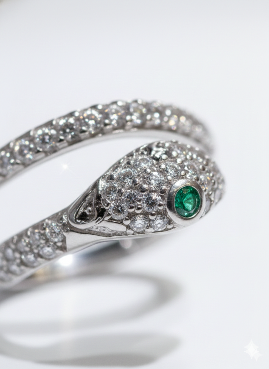 Silver Snake Wrap Ring with Emerald Eye | SILVROSE