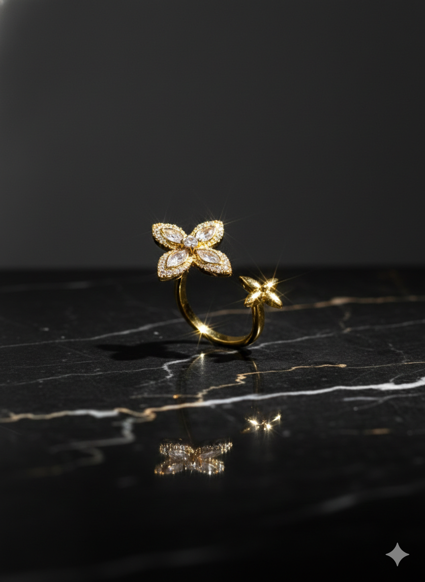 SILVROSE 18K Gold Plated Clover Blossom Adjustable Ring – Marquise CZ Open Cuff Ring