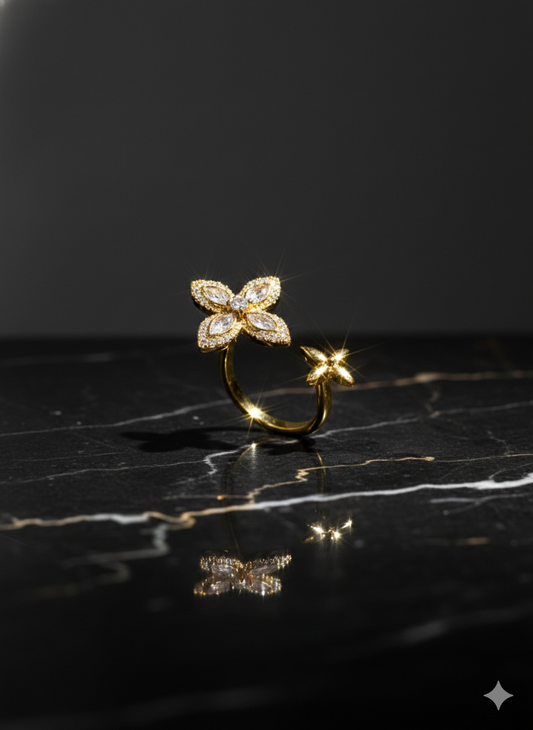 SILVROSE 18K Gold Plated Clover Blossom Adjustable Ring – Marquise CZ Open Cuff Ring