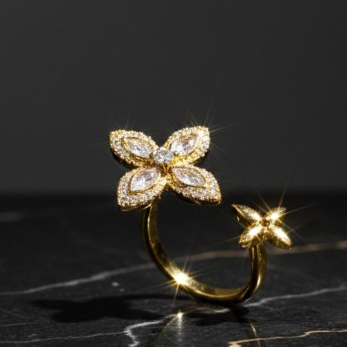 SILVROSE 18K Gold Plated Clover Blossom Adjustable Ring – Marquise CZ Open Cuff Ring
