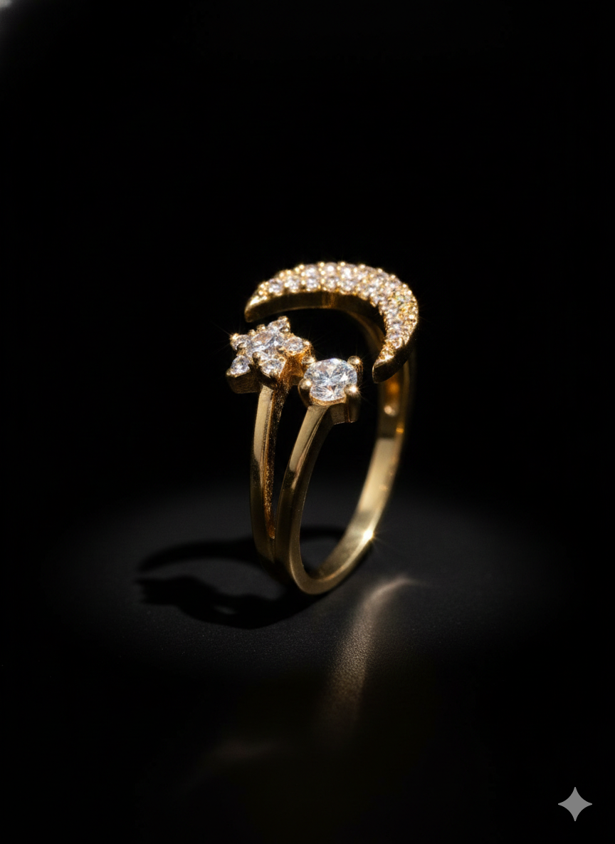 Gold Celestial Moon and Star Double Band Ring | SILVROSE