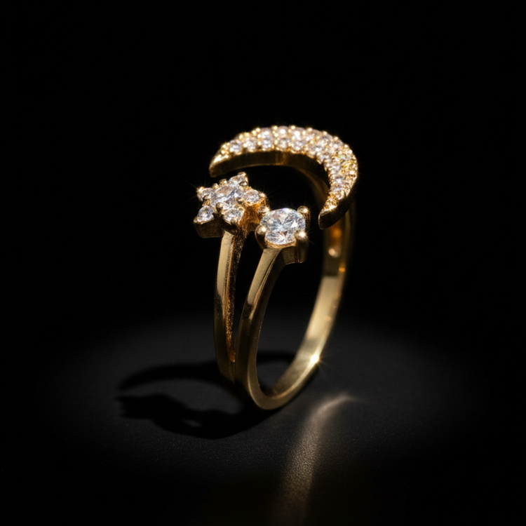 Gold Celestial Moon and Star Double Band Ring | SILVROSE