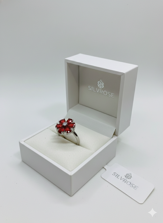 SILVROSE Crimson Blossom Flower Ring – Silver Red Floral Statement Ring