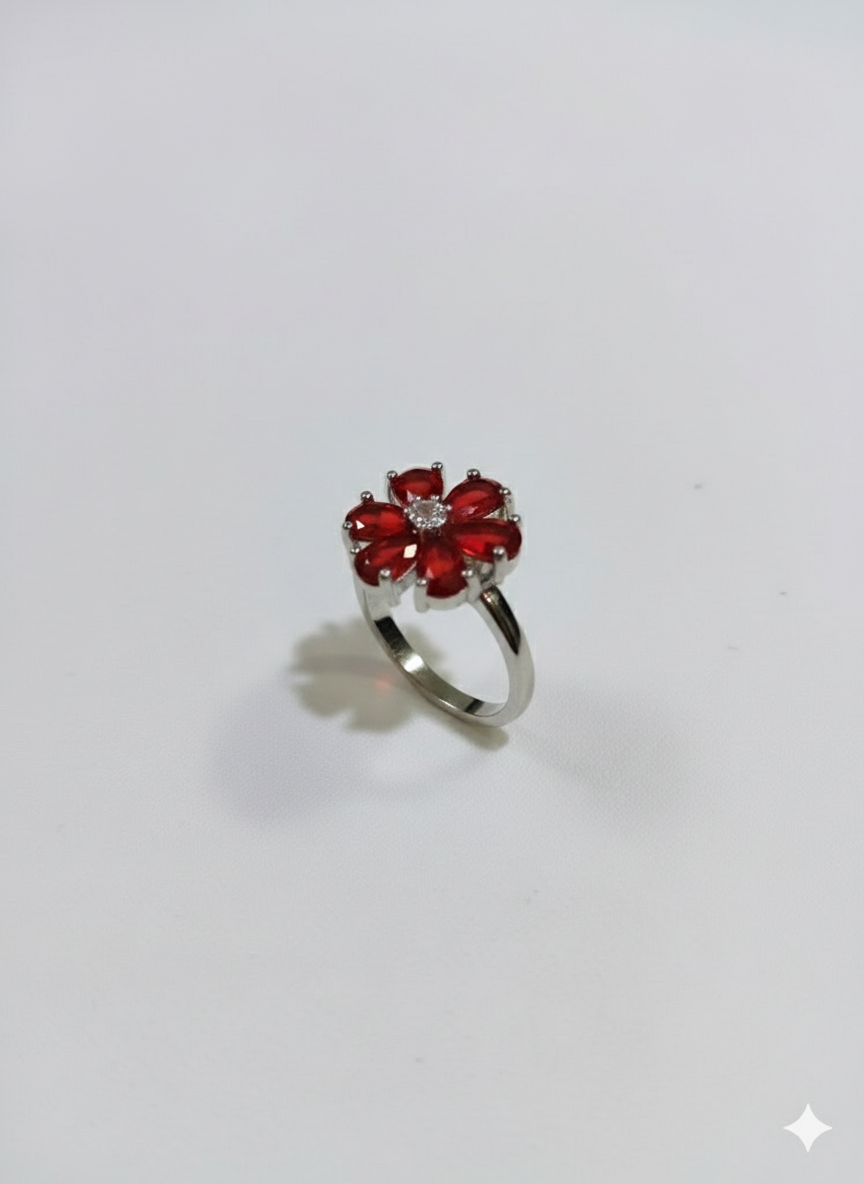 SILVROSE Crimson Blossom Flower Ring – Silver Red Floral Statement Ring