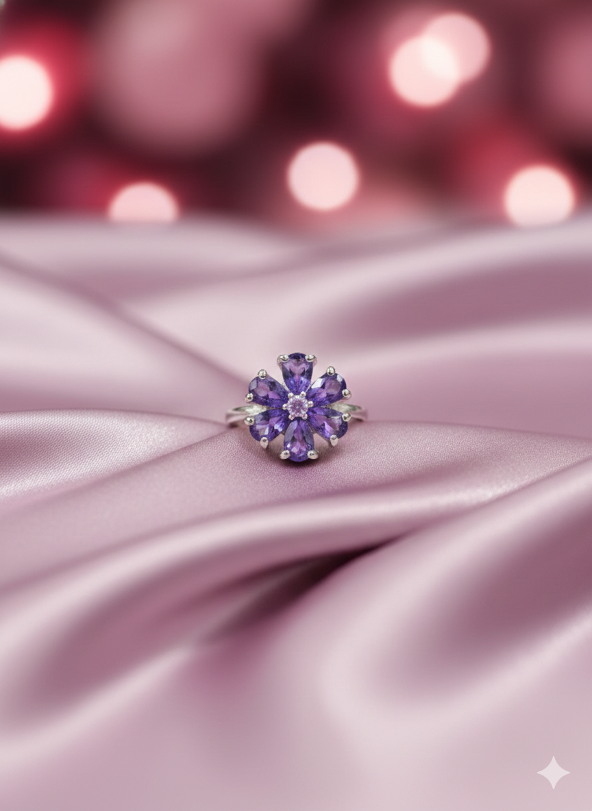 SILVROSE Violet Bloom Flower Ring – Silver Purple Floral Statement Ring