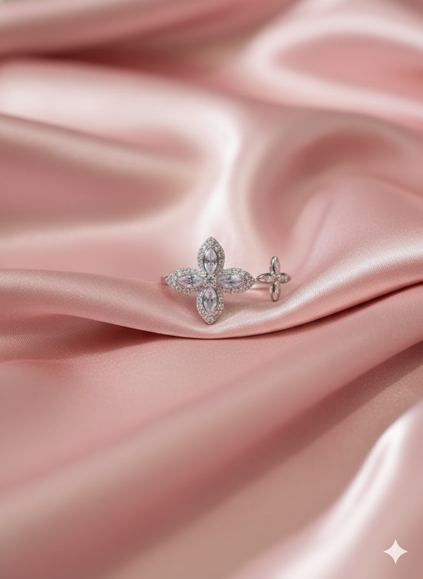 SILVROSE Sterling Silver Clover Blossom Adjustable Ring – Marquise Cubic Zirconia Open Cuff Ring