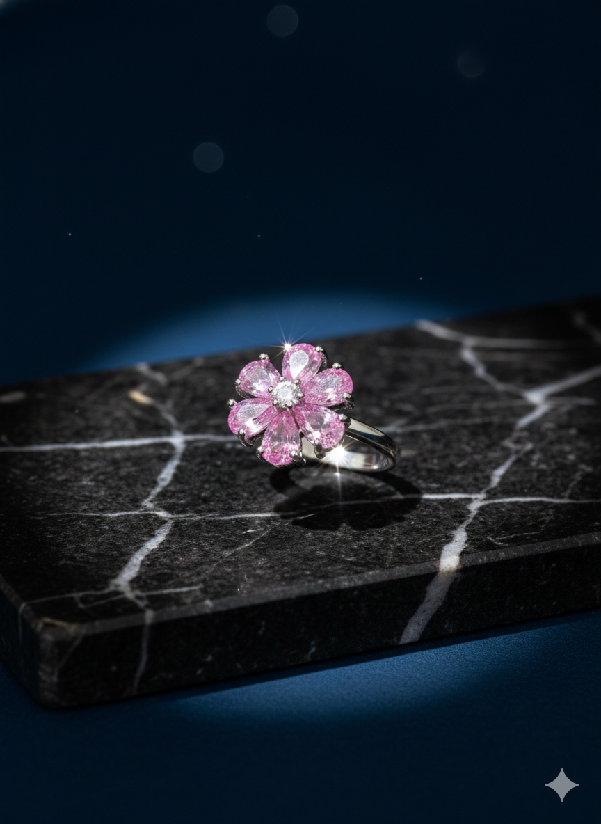SILVROSE Pink Blossom Flower Ring – Silver Floral Statement Ring