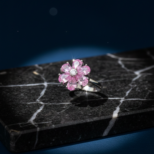 SILVROSE Pink Blossom Flower Ring – Silver Floral Statement Ring