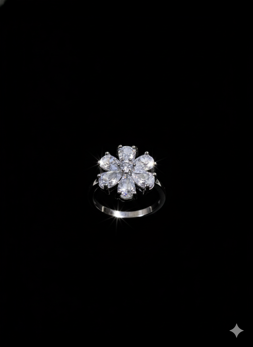 SILVROSE Crystal Bloom Flower Ring – Silver Clear Floral Statement Ring