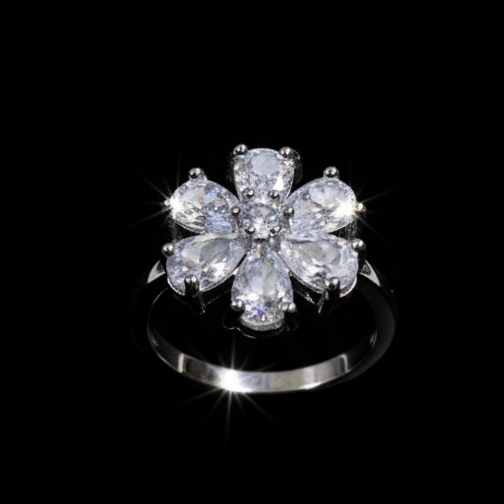SILVROSE Crystal Bloom Flower Ring – Silver Clear Floral Statement Ring