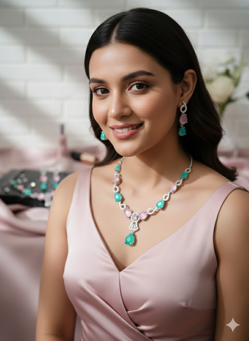 Dual-Tone Emerald Green & Pink Gemstone Jewellery Set | Aurora Jewels Necklace & Earrings