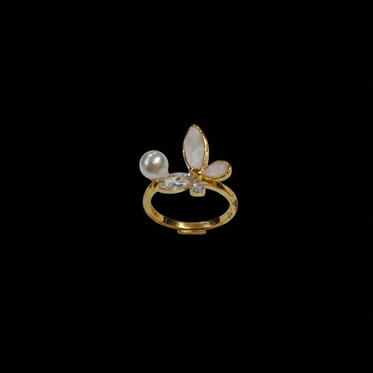Gold Butterfly Pearl Ring - Mother of Pearl & Crystal Band | SILVROSE