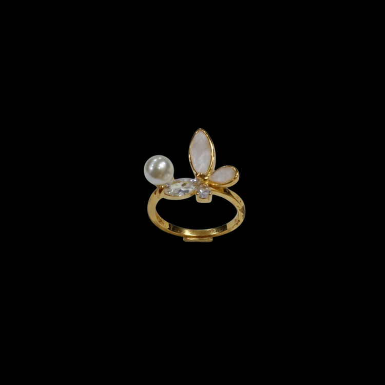 Gold Butterfly Pearl Ring - Mother of Pearl & Crystal Band | SILVROSE