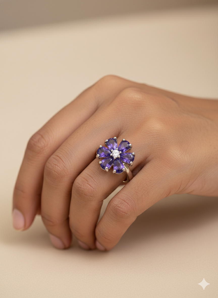 SILVROSE Violet Bloom Flower Ring – Silver Purple Floral Statement Ring