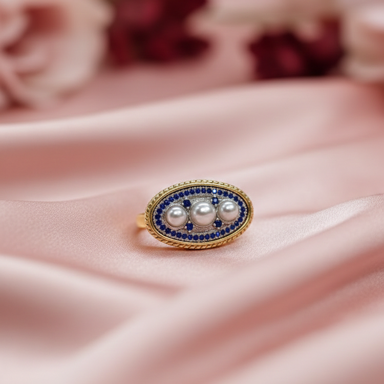 Empress Vintage Pearl & Sapphire Oval Ring | Art Deco Gold Cocktail Ring – SILVROSE