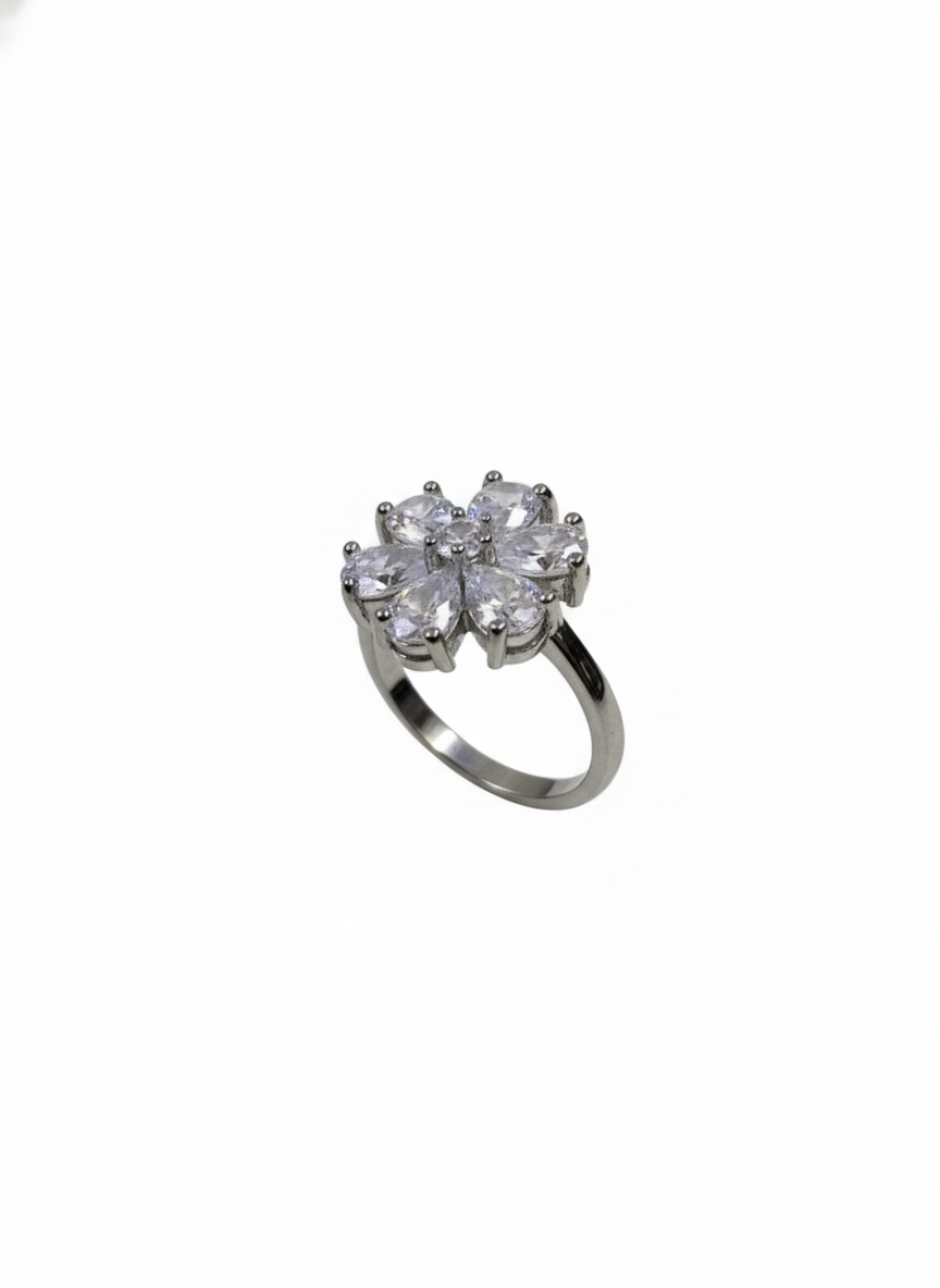 SILVROSE Crystal Bloom Flower Ring – Silver Clear Floral Statement Ring