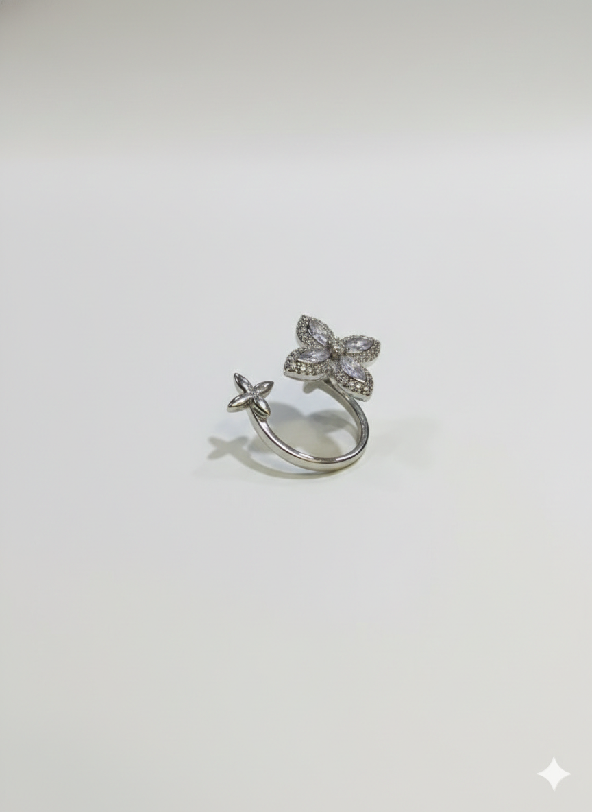 SILVROSE Sterling Silver Clover Blossom Adjustable Ring – Marquise Cubic Zirconia Open Cuff Ring