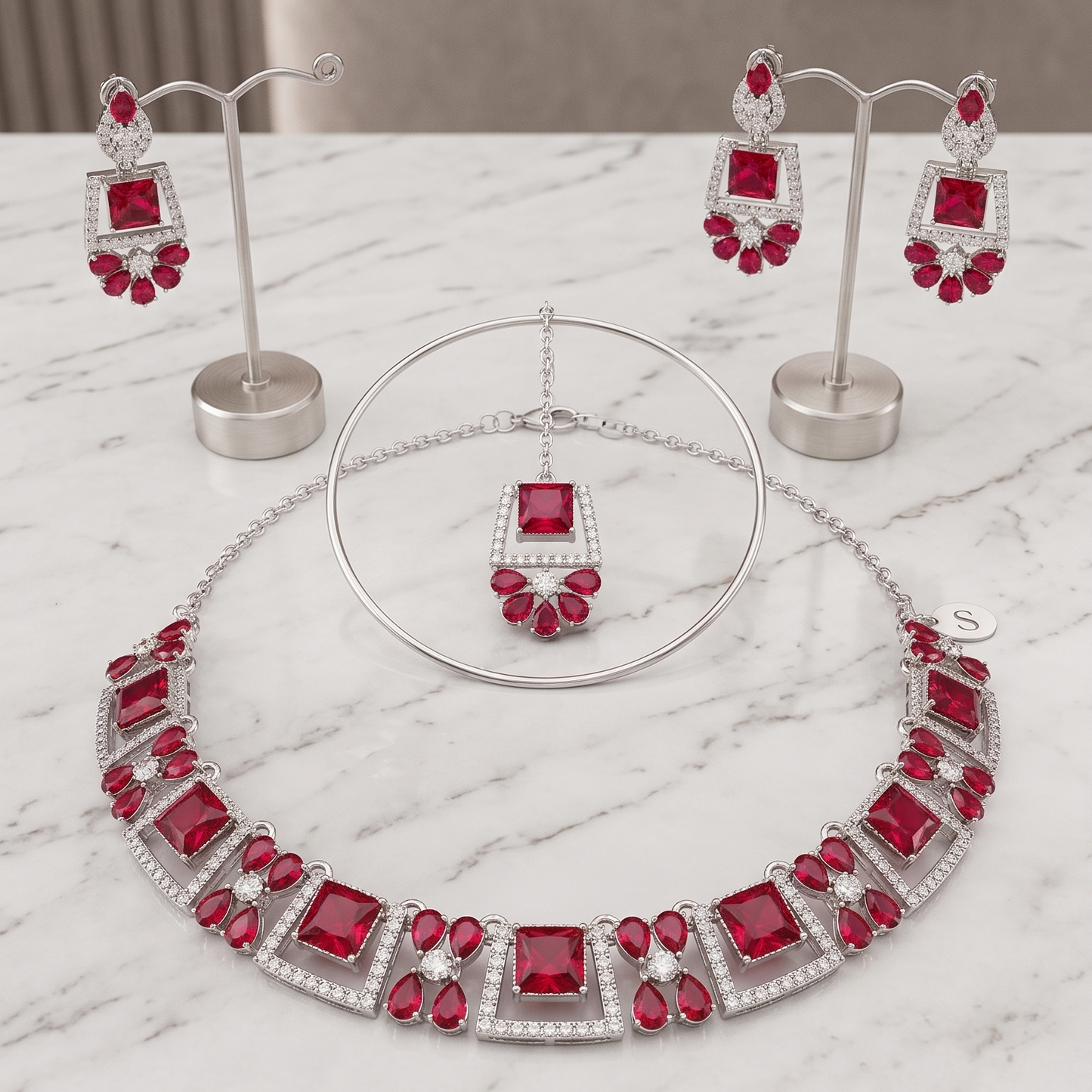 Regal Ruby Gemstone Jewellery Set | Necklace, Earrings & Maang Tikka | SILVROSE Fine Jewellery