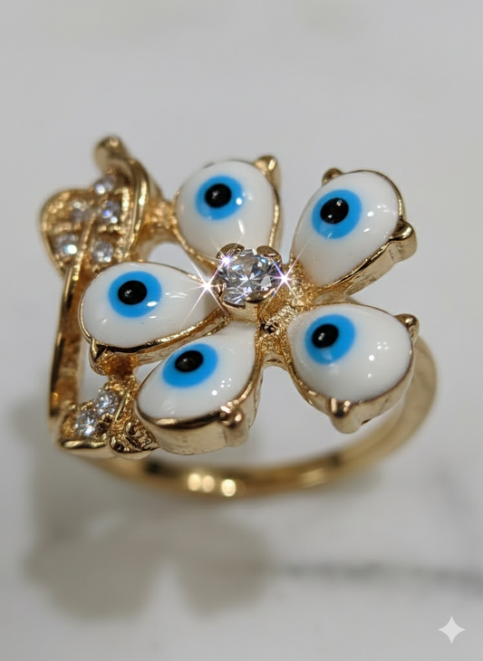 Gold-Plated Evil Eye Flower Ring with Crystal Center