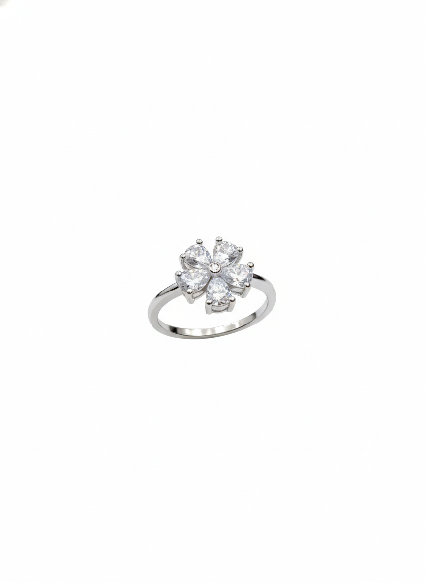 Silver Pear Cut Crystal Flower Statement Ring | SILVROSE