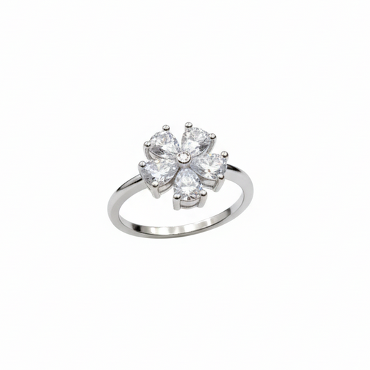 Silver Pear Cut Crystal Flower Statement Ring | SILVROSE