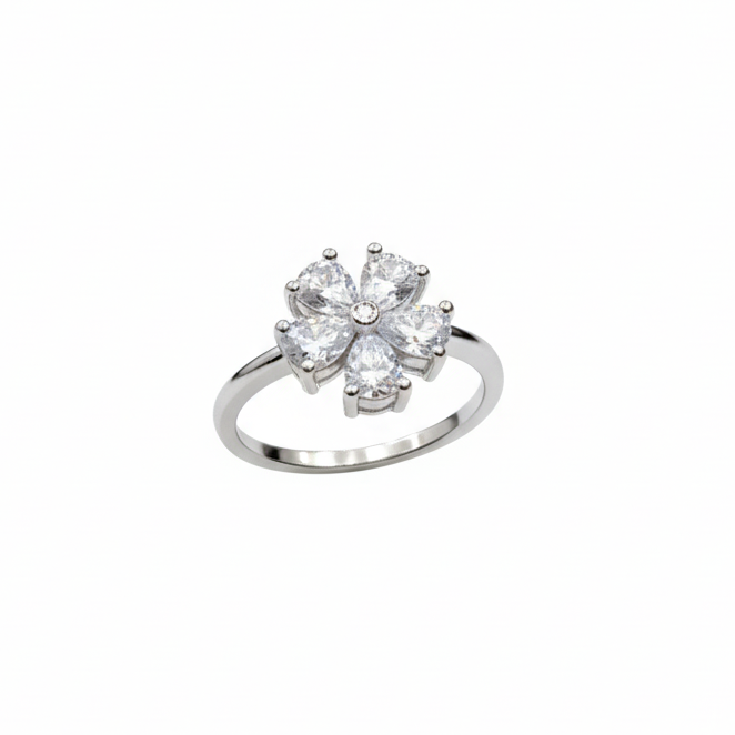 Silver Pear Cut Crystal Flower Statement Ring | SILVROSE
