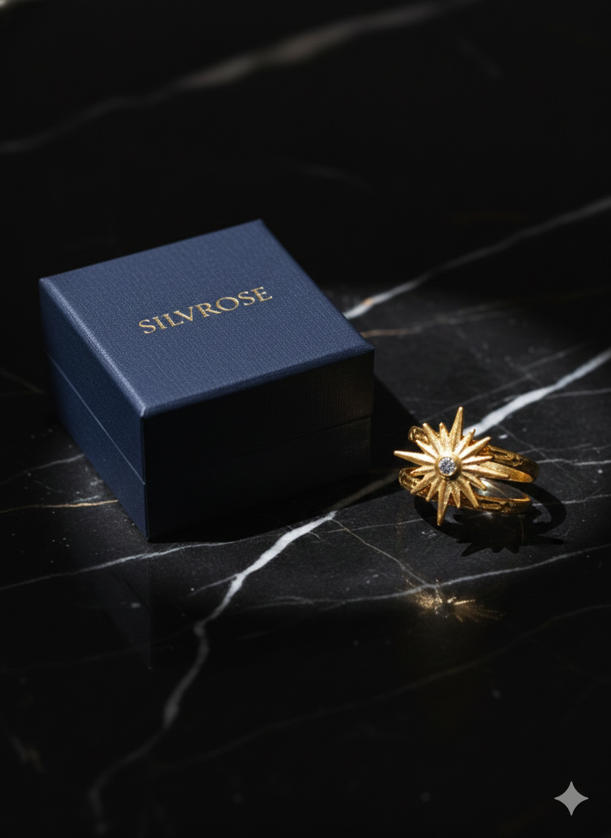 Nova Starburst Double Band Ring in Gold | Celestial Sunburst Statement Ring – SILVROSE