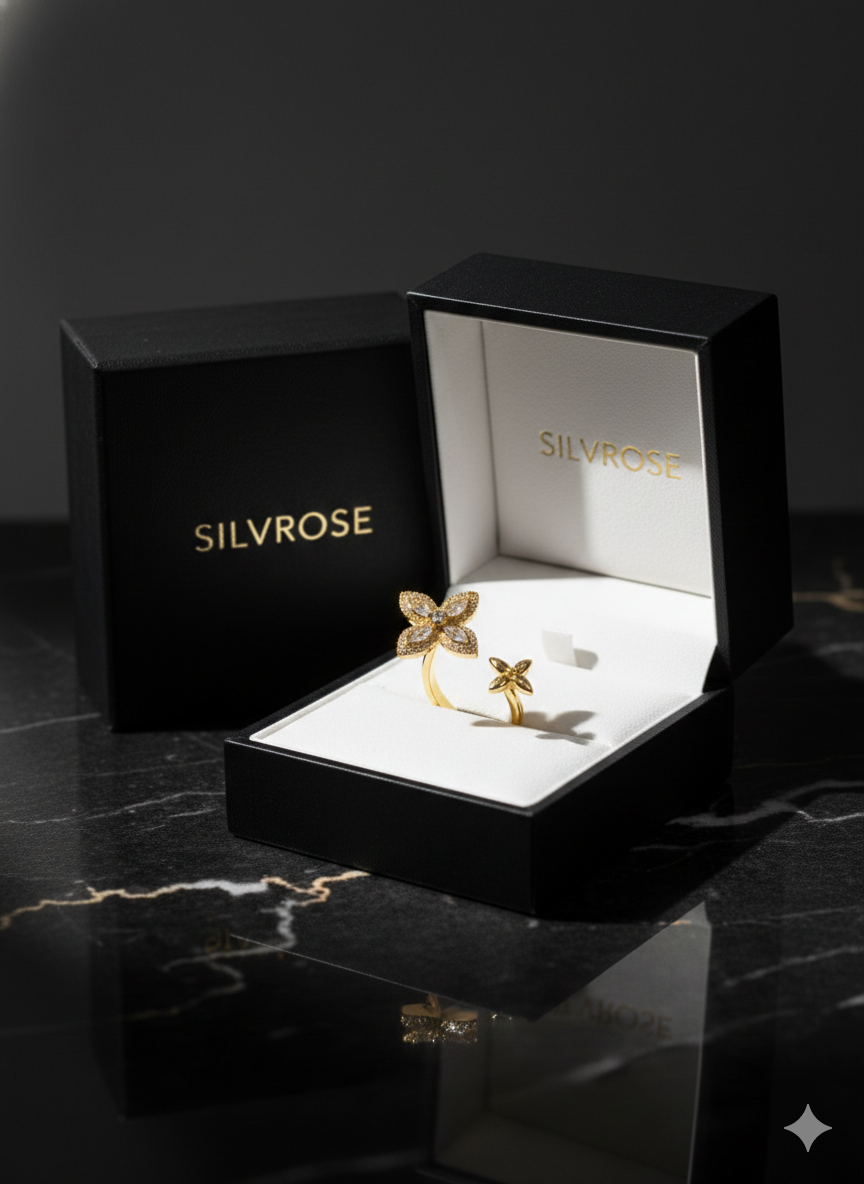 SILVROSE 18K Gold Plated Clover Blossom Adjustable Ring – Marquise CZ Open Cuff Ring
