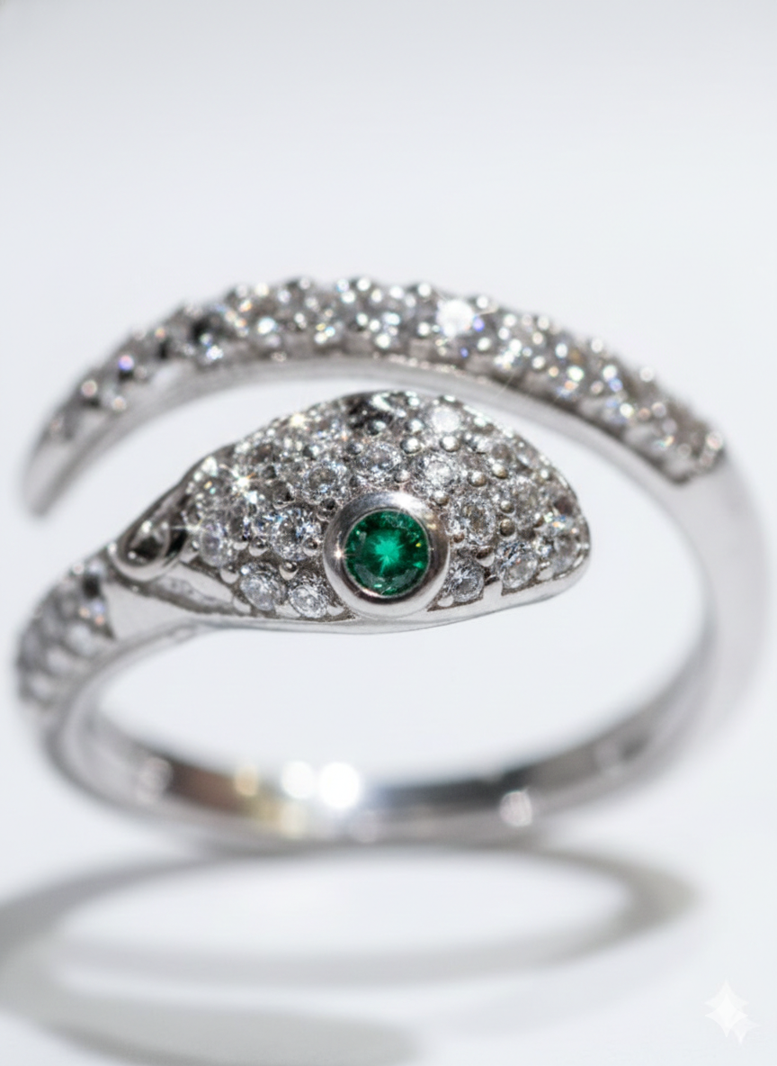 Silver Snake Wrap Ring with Emerald Eye | SILVROSE