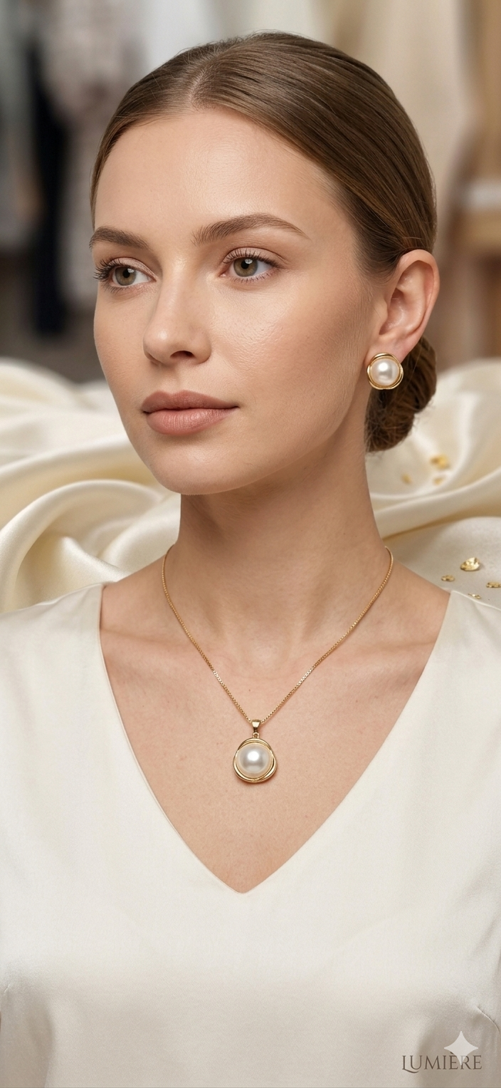 Elegant Gold-Plated Pearl Pendant Necklace and Earring Set
