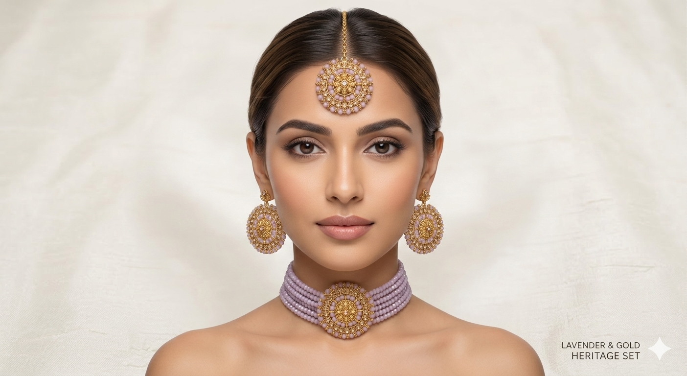Mauve Kundan Splendor Beaded Choker Necklace Set with Maang Tikka