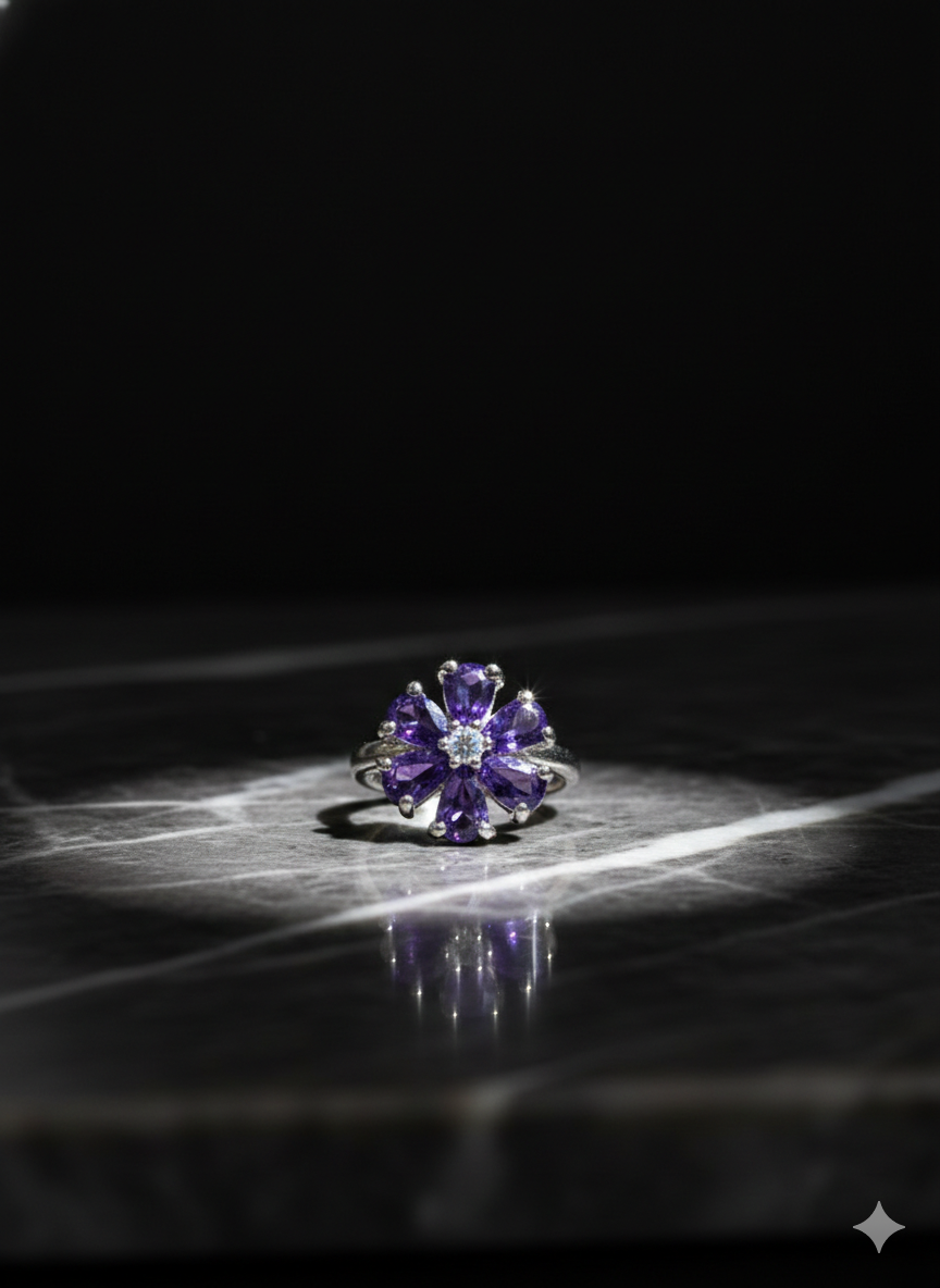 SILVROSE Violet Bloom Flower Ring – Silver Purple Floral Statement Ring