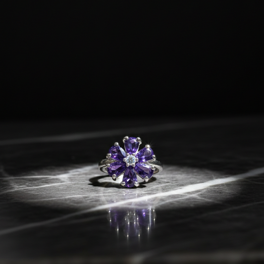 SILVROSE Violet Bloom Flower Ring – Silver Purple Floral Statement Ring