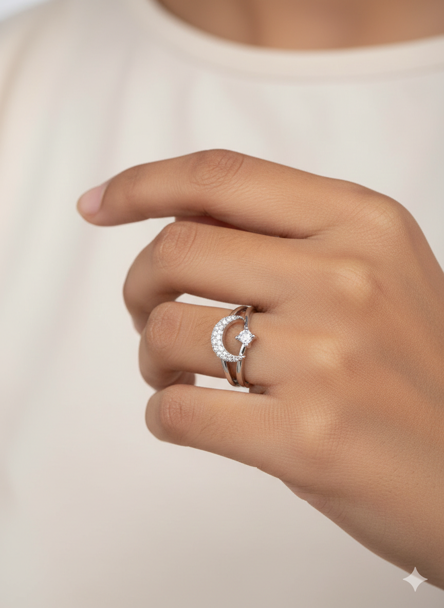 Silver Celestial Moon and Star Double Band Ring | SILVROSE