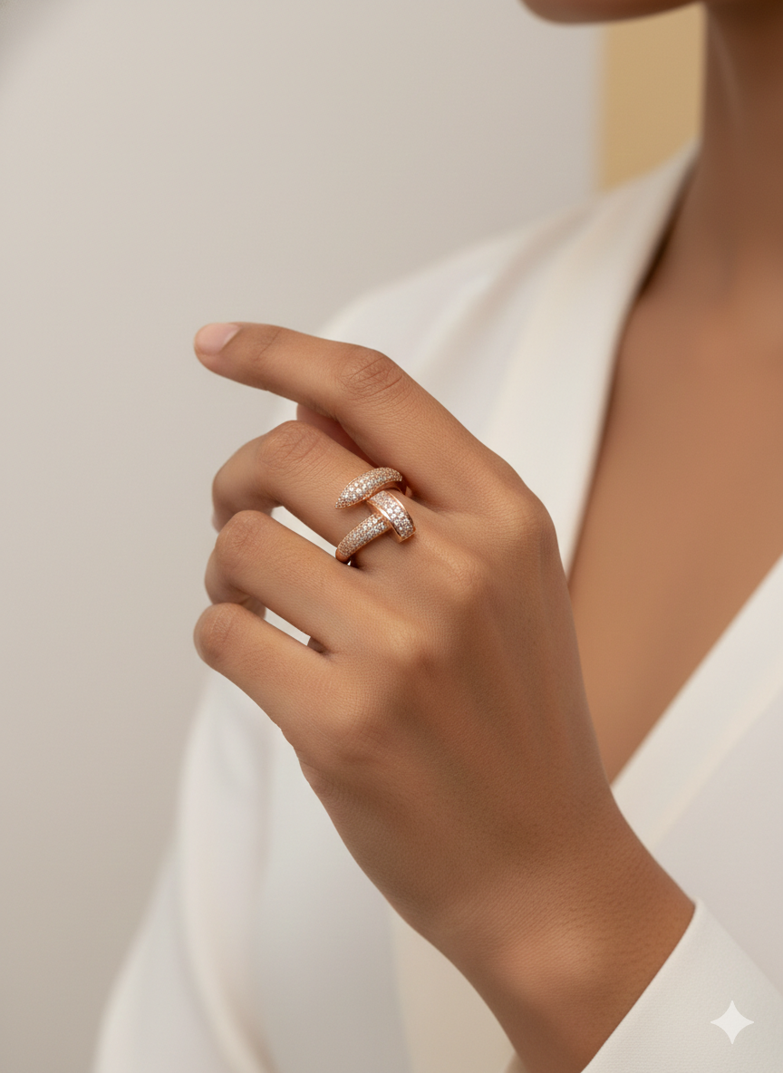 Rose Gold Pavé Nail Ring - Industrial Crystal Statement Band | SILVROSE