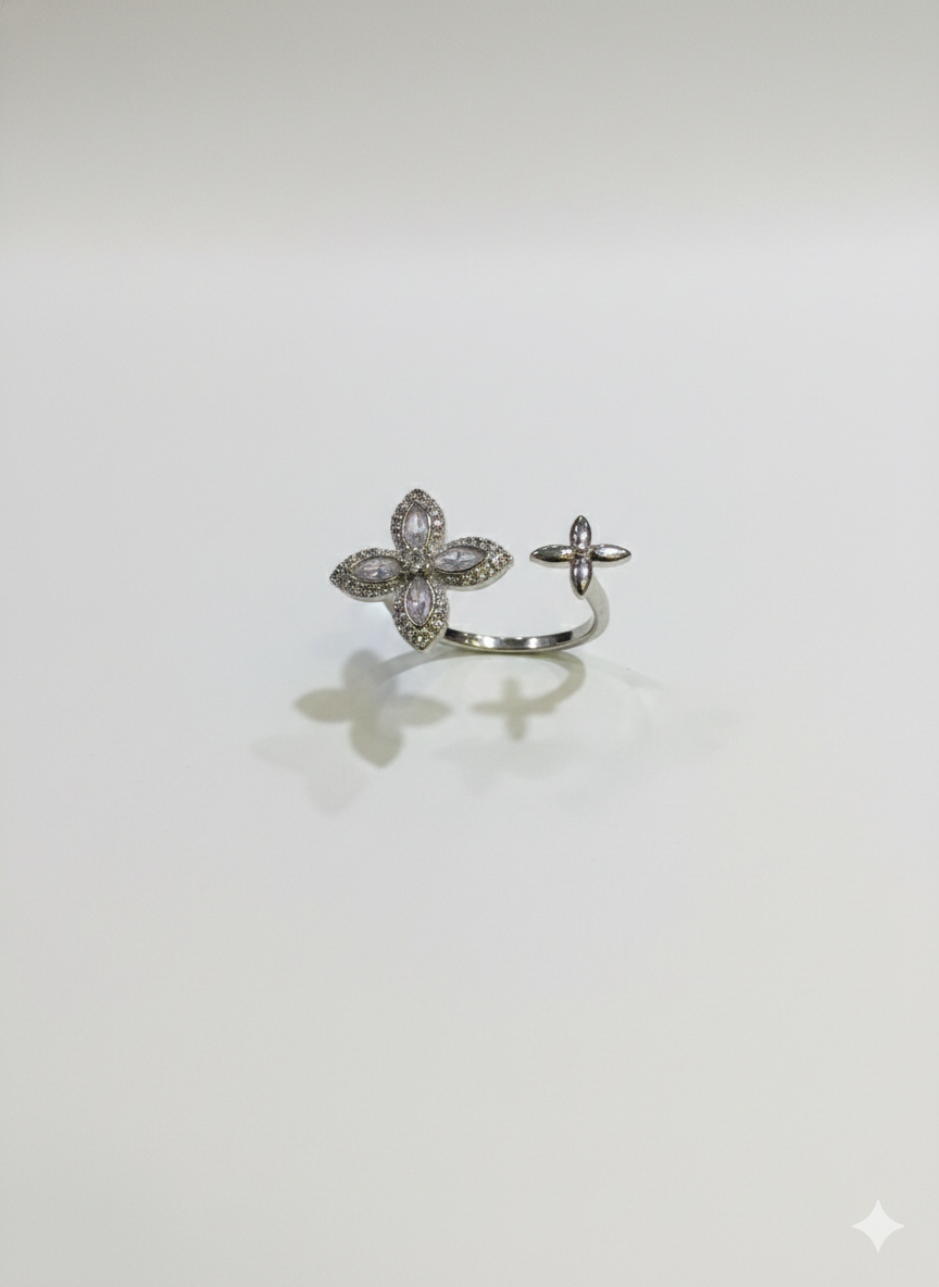 SILVROSE Sterling Silver Clover Blossom Adjustable Ring – Marquise Cubic Zirconia Open Cuff Ring