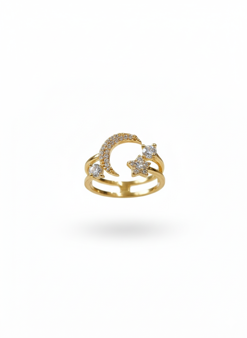 Gold Celestial Moon and Star Double Band Ring | SILVROSE