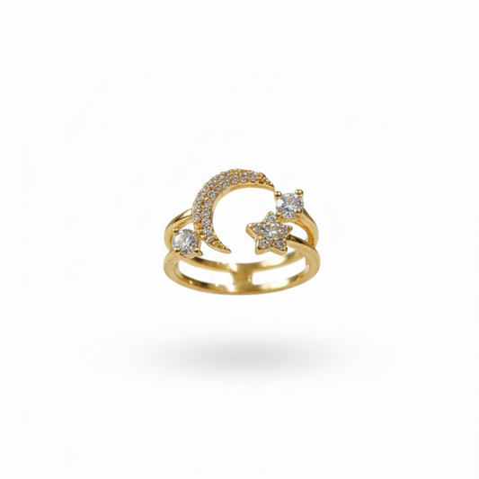 Gold Celestial Moon and Star Double Band Ring | SILVROSE