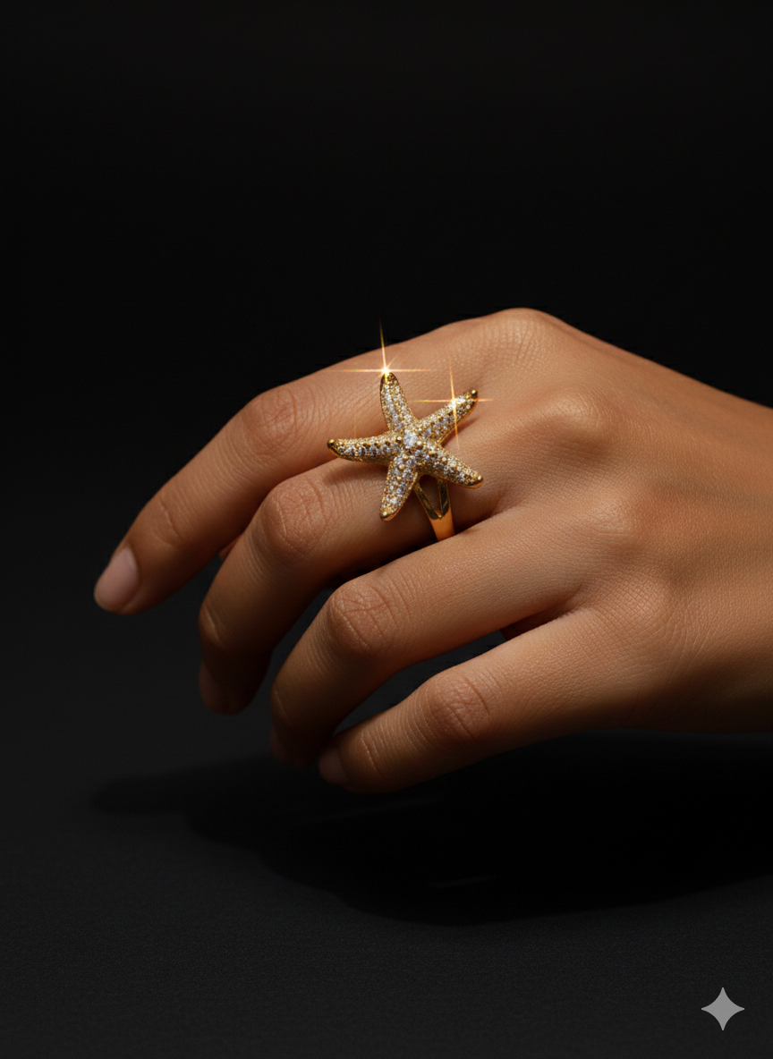 Gold Pavé Starfish Statement Ring - Sparkling Ocean Jewelry | SILVROSE